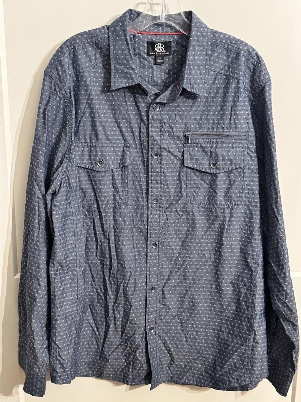 Rock & Republic Shirt Mens Large Blue Geometric Long Sleeve Button Up Zip Pocket